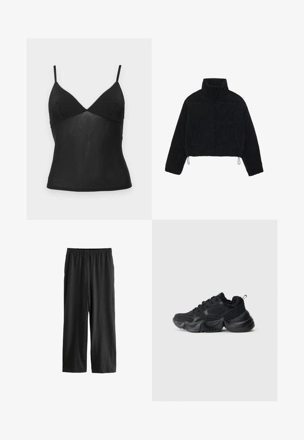 Črna korduroj jakna skrajšane dolžine z visokim ovratnikom, sponkami na sponke in dvema stranskima žepoma. Ima prilagodljivo vrvico na roba.; BDG Urban Outfitters JE TAMIE CAMI - Top - black; Črne hlače do kolen, izdelane iz lahkega materiala. Elastičen pas in gladka tekstura s straight-leg obliko. Brez vidnih podrobnosti ali vzorcev.; Črne teniske z mešanico gladkih in teksturiranih materialov, debelimi podplati, zaobljenim oblikovanjem in dekorativnim šivom. Imajo mehak, puhast zavihek.