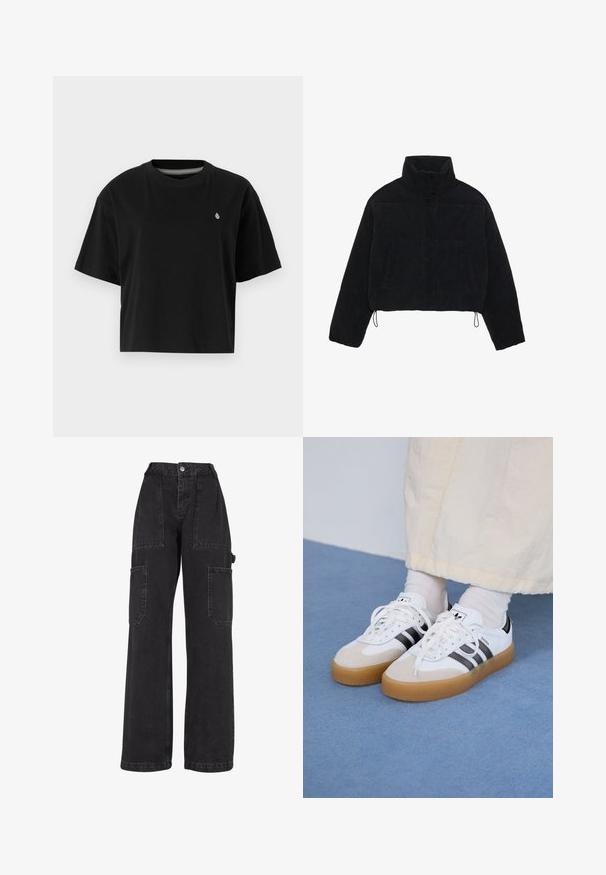 Svart corduroy cropped jakke med høy krage, trykknapper og to sidelommer. Har justerbar snøring i kanten.; Svart avkortet t-skjorte laget av bomull, med korte ermer, rund hals og en liten hvit logo på venstre bryst.; Svart denim cargo bukser med brede ben, flere lappelommer og høy midje. Har knappelukking og solid søm.; Hvite sneakers med svarte striper og beige semsket skinn-detaljer. Har en teksturert gummisåle og flate hvite snører, brukt med lyse sokker.