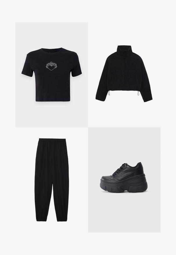 Melna korduroja īsa jaka ar augstu apkakli, spiedpogu aizdari un divām sānu kabatām. Iekļauts regulējams aukla apakšmalā.; Melns īsais t-krekls, izgatavots no kokvilnas, ar sudraba spīdīgu sirds dizainu un liesmām virs tā, ar apaļu dekoltē un īsām piedurknēm.; Melnas, vieglas bikses ar elastīgu jostu un savilktiem potītiem. Audums ir gluds un to raksturo brīva, sašaurināta forma.; Melni šņorējami sporta apavi ar biezu zoli, ar gludu ādas augšdaļu, noapaļotu purngalu un izteiktu slāņveida platformas dizainu.