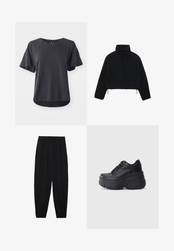 Svart corduroy cropped jakke med høy krage, trykknapper og to sidelommer. Har justerbar snøring i kanten.; Svart t-skjorte laget av myk stoff, med rund hals, korte raglan-ermer, og en buet kant. Lite logo på brystet.; Svarte, lette bukser med elastisk liv og rynkede ankler. Stoffet er glatt og har en avslappet, innsvingt design.; Sorte snøresko med tykk såle, med et glatt læroverdel, rund tå og distinkt lagdelt plattformdesign.