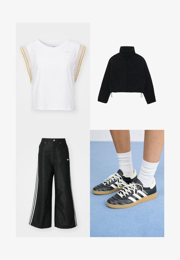 Mustmust kootud lühikeses jopes kõrge kaelusega, nupuvajutustega kinnitused ja kaks külgtaskut. Erakordne omadus on reguleeritav nöörike hemil.; Valge puuvillane T-särk lühikeste, lainetlõikeliste varrukatega beeži, kollase ja hallina. Omab ümarat kaelust ja väikest brändi logo rinnal.; Mustad mustadeline denimipüksid, millel on kummalgi küljel kolm valget triipu ja väike valge logo. Omab esikotte ja nööbiga kinnihoidmist.; Mustad nahast tennisetossud valgete triipudega, ümar nina, valged paelad ja kummist tallad. Esiletõstetud pehmendatud krae ja brändingu detailid.