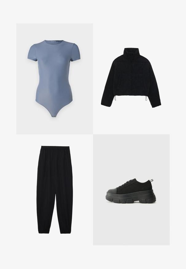 Černá kordurová zkrácená bunda s vysokým límcem, patentky a dvěma bočními kapsami. Obsahuje nastavitelnou šňůrku na lemu.; Krátký rukáv bodysuit z světle modré látky. Má kulatý výstřih a přiléhavý střih s patentkami na dně. Hladká textura.; Černé, lehké kalhoty s elastickým pasem a nařasenými kotníky. Tkanina je hladká a má uvolněný, zúžený design.; Černé tenisky s robustní gumovou podrážkou, vrchní část z texturované tkaniny, kulatá špička a šněrovací design. Obsahují zesílené okraje pro tkaničky a poutko na zadní straně.