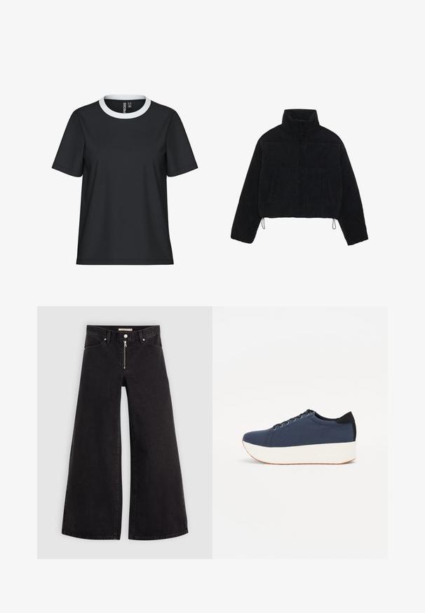 Black corduroy cropped jacket with a high collar, snap fasteners, and two side pockets. Features an adjustable drawstring at the hem.; Black t-shirt with a white ribbed crew neckline, short sleeves, and a relaxed fit; made of smooth fabric with no visible patterns or details.; Wide-leg jeans in black denim with a zippered front, five-pocket design, and subtle stitching details. Smooth texture and casual style.; Navy blue sneaker with a textured fabric upper, white platform sole, rounded toe, and black heel accent. Features six eyelets for laces.