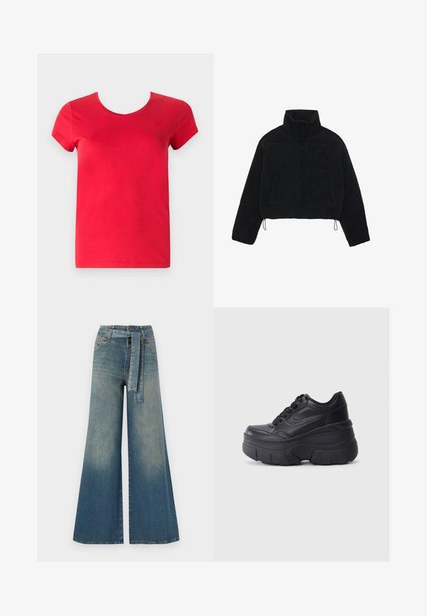 Melna korduroja īsa jaka ar augstu apkakli, spiedpogu aizdari un divām sānu kabatām. Iekļauts regulējams aukla apakšmalā.; Sarkana kokvilnas T-krekls ar īsām piedurknēm, V veida kakla izgriezumu un nelielu logo detaļu uz krūtīm. Gluda tekstūra un ikdienišķa piegriezte.; Platām kājām džinsu bikses ar gaismas līdz tumši zilam gradientam, augstu jostas līniju, jostas cilpām un atbilstošu auduma jostu. Tekstūrēts džinsas apdare.; Melni šņorējami sporta apavi ar biezu zoli, ar gludu ādas augšdaļu, noapaļotu purngalu un izteiktu slāņveida platformas dizainu.