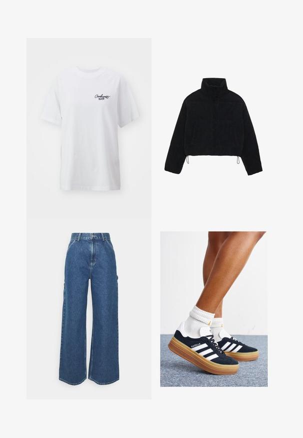 Schwarze Cordjacke mit Cropped-Schnitt, hohem Kragen, Druckknöpfen und zwei Seitentaschen. Verfügt über einen verstellbaren Kordelzug am Saum.; Weißes Baumwoll-T-Shirt mit lässiger Passform. Verfügt über kurze Ärmel und ein kleines schwarzes "Carhartt WIP"-Logo auf der linken Brust.; Weite blaue Denim-Hosen mit hoher Taille, kontrastierenden Nähten und Seitentaschen, ausgestattet mit einem klassischen Five-Pocket-Design und rohen Säumen.; Schwarze Wildledersneaker mit weißen Streifen und Akzenten, rundlicher Zehenbereich, Sohlen aus braunem Gummi, kombiniert mit weißen, gerippten Sneakersocken.