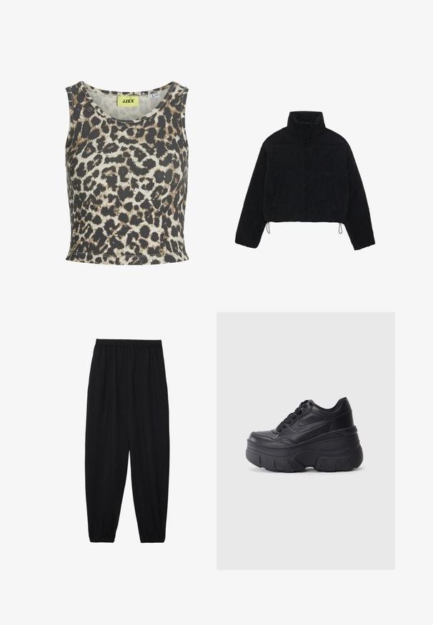 Svart corduroy cropped jakke med høy krage, trykknapper og to sidelommer. Har justerbar snøring i kanten.; Tank topp med leopardmønster i ribbet stoff, med rund hals og uten ermer. Fargene inkluderer beige, brun og svart.; Svarte, lette bukser med elastisk liv og rynkede ankler. Stoffet er glatt og har en avslappet, innsvingt design.; Sorte snøresko med tykk såle, med et glatt læroverdel, rund tå og distinkt lagdelt plattformdesign.
