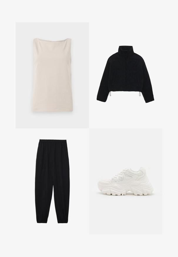 Fekete kordbársony cropped dzseki magas gallérral, patentgombokkal és két oldalsó zsebbel. Az alján állítható zsinór található.; Beige, ujjatlan felső, puha anyagból, laza szabással, széles nyakkivágással és sima felülettel. Nincs látható minta vagy díszítés.; Fekete, könnyű nadrág elasztikus derékkal és ráncolt bokákkal. Az anyag sima és laza, szűkített dizájnnal rendelkezik.; Fehér, vastag talpú sportcipők, textúrált felsőrésszel, hálós panelek árnyékolásával és vastag, kiemelkedő mintázatú gumitalppal. Zsinórok és húzófül tartozik hozzá.