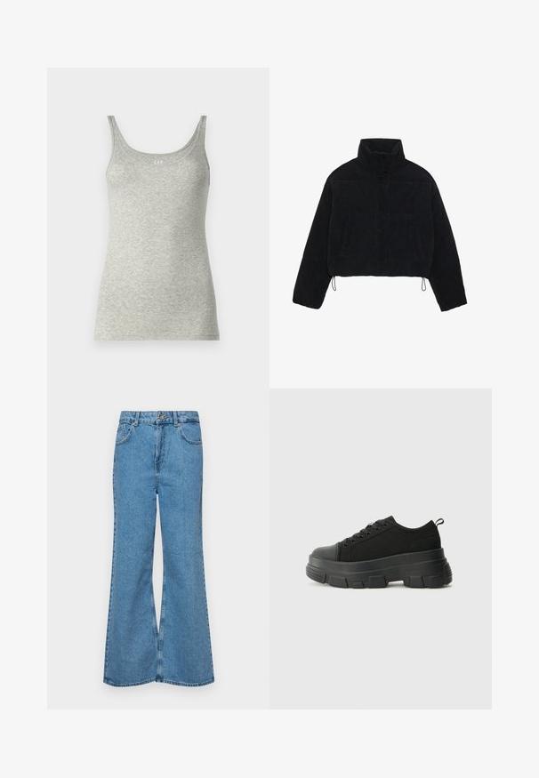 Jachetă scurtă din catifea neagră, cu guler înalt, capse și două buzunare laterale. Are un șnur ajustabil la tiv.; Top gri din jersey moale, cu decolteu rotund și bretele subțiri. Design minimalist, fără modele sau accente.; Jeanși evazați de culoare albastru deschis, din denim, cu talie înaltă, cinci buzunare și închidere cu un singur buton. Textură moale cu un finisaj decolorat.; Adidași negri cu talpă groasă din cauciuc, superior din material texturat, bot rotund și design cu șireturi. Include gauri întărite pentru șireturi și o buclă pe spate.