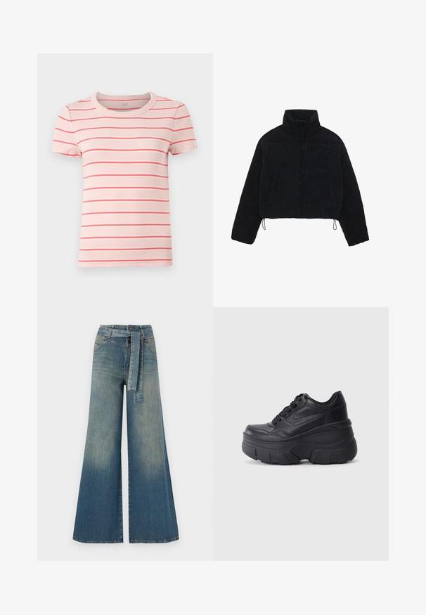 Mustmust kootud lühikeses jopes kõrge kaelusega, nupuvajutustega kinnitused ja kaks külgtaskut. Erakordne omadus on reguleeritav nöörike hemil.; Lühikeste varrukatega, ümmarguse kaelusega t-särk helesinises toonis, millel on õhukesed punased ja valged horisontaalsed triibud. Ribikangast tekstuur. Brändi logo kaeluseäärde juures.; Laiad denimpüksid, millel on hele tume sinine gradiendiefekt, kõrge vöökoht, vöökumlid ja sobivast kangast vöö. Struktureeritud denimi viimistlus.; Mustad mustaga värvi kingad, millel on paks tald, sile nahk peals, ümar nina ja eristuva kihilise platvormi disain.