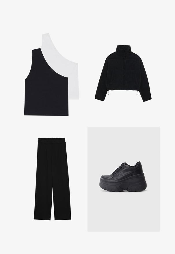 Juodas smailias trumpoji džinsinė striukė su aukštu apykakle, spaudėmis ir dviem šoninėmis kišenėmis. Yra reguliuojama virvutė prie hem.; Juodai balti raukiniai marškiniai be rankovių su asimetriniu iškirpimu; minkšta medvilnės mišinio medžiaga; prigludęs dizainas; be matomų detalių ar raštų.; Juodi platūs kelnes su volaniniu juosmeniu, turinčiu dvi šonines kišenes ir glotnią, lengvą medžiagą. Nėra matomų raštų ar detalių.; Juodi lakuoti sportbačiai su masyviu padu, turintys sklandų odinį viršų, suapvalintą pirštą ir išskirtinį sluoksniuotą platformos dizainą.