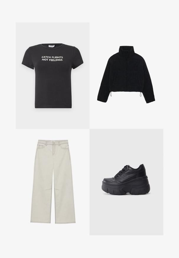 Černá kordurová zkrácená bunda s vysokým límcem, patentky a dvěma bočními kapsami. Obsahuje nastavitelnou šňůrku na lemu.; Černé bavlněné tričko s krátkými rukávy, na kterém je bílé písmo s nápisem "CHYŤ LETY, NE POCITY". Klasický design s kulatým výstřihem.; Světle šedé kalhoty s širokými nohavicemi, pěti kapsami, předním zapínáním na knoflík a kontrastním stehem podél švů. Materiál vypadá jemně a odolně.; Černé šněrovací tenisky s robustní podrážkou, s hladkým koženým svrškem, zaoblenou špičkou a výrazným vrstveným designem platformy.