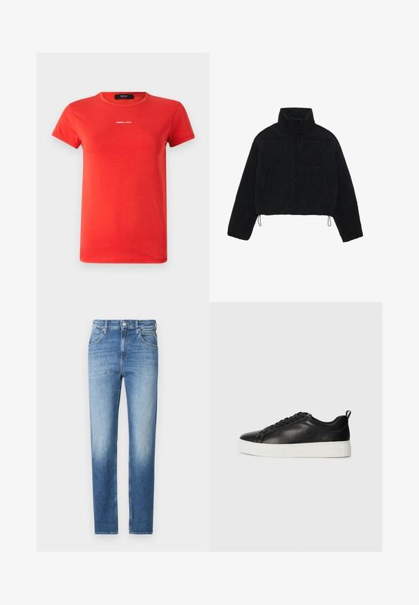 Black corduroy cropped jacket with a high collar, snap fasteners, and two side pockets. Features an adjustable drawstring at the hem.; Replay LOGO - Basic T-shirt - red; Light blue denim jeans with a straight fit, faded texture, five pockets, and a button closure at the waist. Distinctive stitching detail.; Black low-top leather sneaker with black laces and white thick rubber sole, viewed from the outer side on a white background.