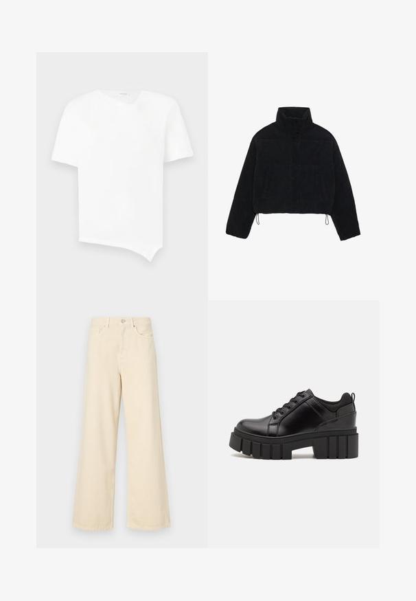 Melna korduroja īsa jaka ar augstu apkakli, spiedpogu aizdari un divām sānu kabatām. Iekļauts regulējams aukla apakšmalā.; Balts īsām piedurknēm T-krekliņš, izgatavots no kokvilnas. Ar asimetrisku apakšmalu un vieglu V veida izgriezumu bez šuvēm. Gluda tekstūra.; Bežīgas platpēdas džinses, izgatavotas no kokvilnas. Iekļauj pogu aizdari, jostas cilpas un priekšējos kabatas ar gludu, mīkstu tekstūru.; Melnas ādas platformas kurpes ar masīvu bloku papēdi, apaļu purngalu un tradicionālu saistīšanas dizainu. Izceļas ar gludu tekstūru un minimālu apdari.