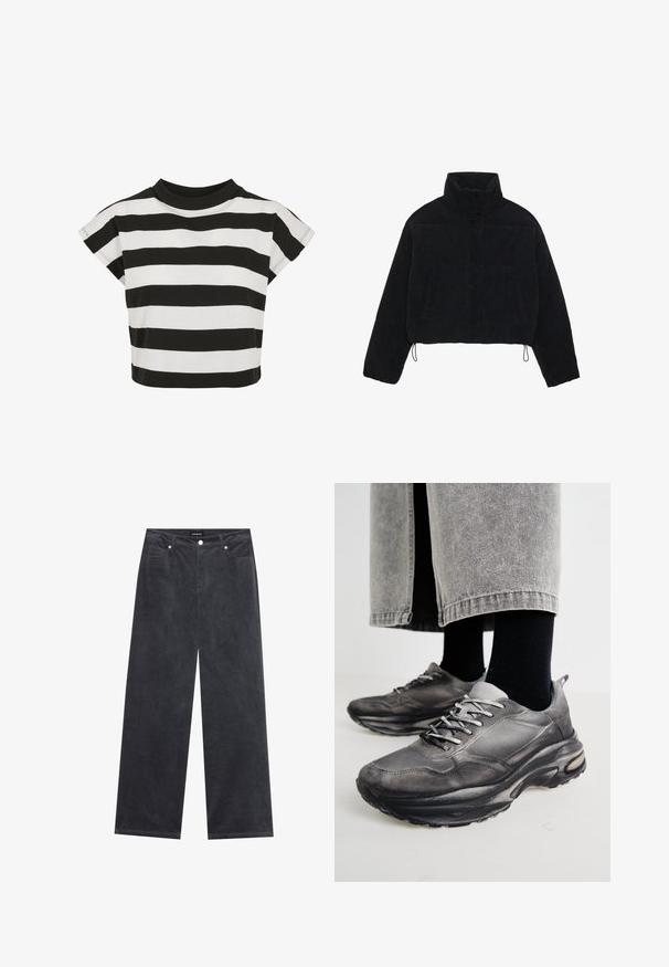 Svart corduroy cropped jakke med høy krage, trykknapper og to sidelommer. Har justerbar snøring i kanten.; Svart-og-hvitt stripete crop topp med rund hals og korte,Ball sleeves; laget av mykt bomullsmateriale.; Bredde ben bukser i mørkegrå kordfløyel med knappelukking, fire lommer og en myk tekstur.; Sorte og grå treningssko har en mesh-overdel, tykke såler og snøring. De har en rund tå og synlige dempe detaljer.