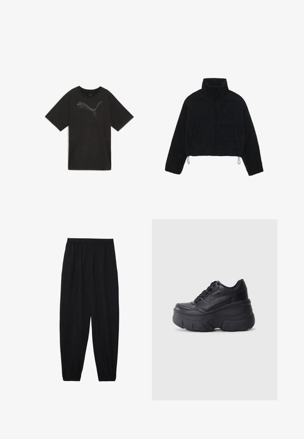 Black corduroy cropped jacket with a high collar, snap fasteners, and two side pockets. Features an adjustable drawstring at the hem.; Black T-shirt with short, raglan sleeves; features a gray, stylized Puma logo on the chest. Made of smooth fabric with a loose fit.; Black, lightweight pants with an elastic waistband and gathered ankles. The fabric is smooth and features a relaxed, tapered design.; Black lace-up sneakers with a chunky sole, featuring smooth leather upper, rounded toe, and distinct layered platform design.