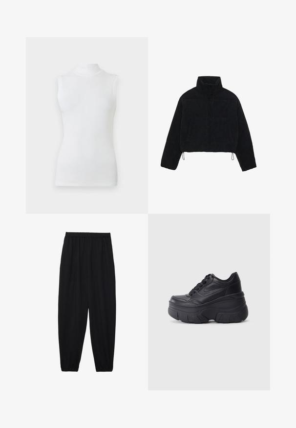Juodas smailias trumpoji džinsinė striukė su aukštu apykakle, spaudėmis ir dviem šoninėmis kišenėmis. Yra reguliuojama virvutė prie hem.; Bež medvilnės marškiniai be rankovių su aptempta forma ir lygiu audiniu, ant šviesaus fono.; Juodi, lengvi kelnių su elastinga juosmens juosta ir surinktais kulkšniais. Audinys yra lygus ir turi atsipalaidavusį, siaurėjantį dizainą.; Juodi lakuoti sportbačiai su masyviu padu, turintys sklandų odinį viršų, suapvalintą pirštą ir išskirtinį sluoksniuotą platformos dizainą.