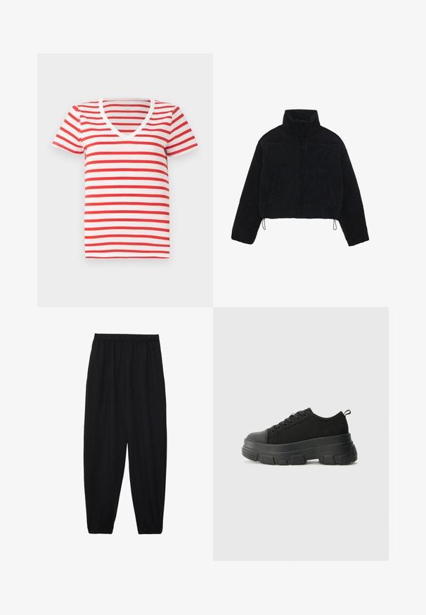 Musta corduroy-tyylinen lyhyt takki, jossa on korkea kaulus, nepparikiinnitys ja kaksi sivutaskua. Takissa on säädettävä nyöri helmassa.; Punainen ja valkoinen raidallinen V-kaula-aukkoinen t-paita, joka on valmistettu pehmeästä puuvillasta. Paitassa on lyhyet hihat ja rento malli. Yksinkertainen muotoilu tasaisilla raidoilla.; Mustat, kevyet housut, joissa on joustava vyötärö ja kerätyt nilkat. Kangas on sileä ja siinä on rento, kapeneva muotoilu.; Mustat urheilukengät, joissa on paksu kumipohja, teksturoitu kangasvarsi, pyöreä kärki ja nauhalukitus. Varusteena vahvistetut nauhareiät ja takana vetotanko.