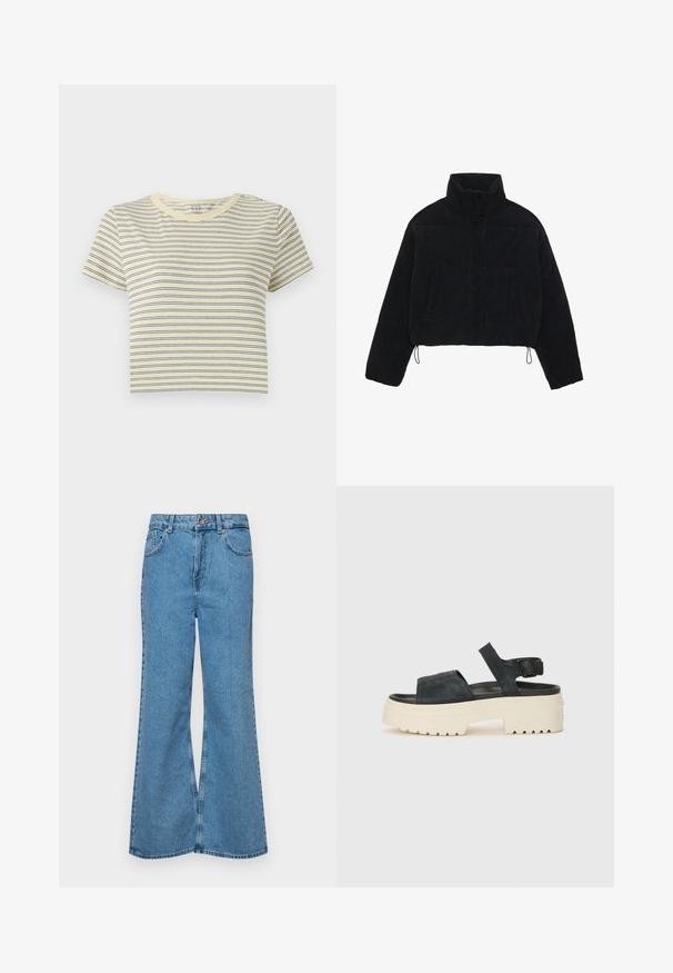 Mustmust kootud lühikeses jopes kõrge kaelusega, nupuvajutustega kinnitused ja kaks külgtaskut. Erakordne omadus on reguleeritav nöörike hemil.; Kollane triibuline särk siniste horisontaalsete joontega, ümarad kaelus, lühikesed varrukad ja lühem mudel. Pehme puuvillane materjal, lihtne disain.; Heledad sinine flared teksade rõivad, millel on kõrge talje, viis taskut ja üks nupulukk. Pehme tekstuur ja pleekinud viimistlus.; Mustad musta sametist platvormsandaalid, millel on paks valge tald, lai esirihm ja reguleeritav pahkluu nööpe. Tekstureeritud tallad haardevad.