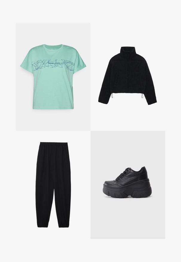 Melna korduroja īsa jaka ar augstu apkakli, spiedpogu aizdari un divām sānu kabatām. Iekļauts regulējams aukla apakšmalā.; Piparmētru zaļas krāsas T-krekls no kokvilnas, ar jūras zila ģeometriska raksta dizainu un "MIZUNO" tekstu uz krūšu daļas. Īsas piedurknes, apaļa kakla izgriezuma forma.; Melnas, vieglas bikses ar elastīgu jostu un savilktiem potītiem. Audums ir gluds un to raksturo brīva, sašaurināta forma.; Melni šņorējami sporta apavi ar biezu zoli, ar gludu ādas augšdaļu, noapaļotu purngalu un izteiktu slāņveida platformas dizainu.