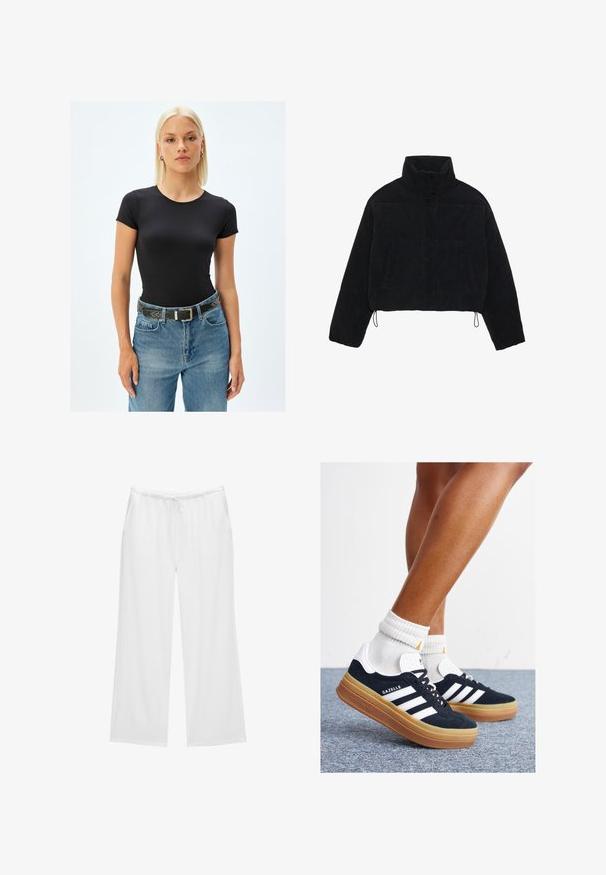Sort fløjl cropped jakke med høj krave, trykknapper og to sidelommer. Har en justerbar snor i kanten.; Sort kortærmet T-shirt med rund hals, lavet af strækbart stof; båret med blå denimjeans og et sort med nitter bælte.; Hvide bredbenede bukser lavet af blødt stof, med en elastisk talje og snøring samt to sidelommer. Simpelt og rent design.; Sorte sneakers i ruskind med hvide striber og detaljer, rundet tå, ydersål i gummi, kombineret med hvide ribstrikkede crew sokker.