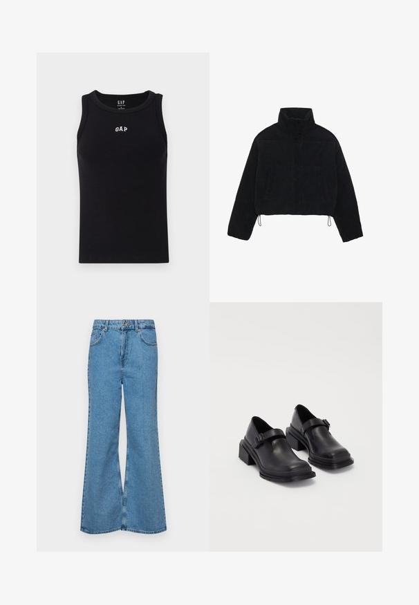 Mustmust kootud lühikeses jopes kõrge kaelusega, nupuvajutustega kinnitused ja kaks külgtaskut. Erakordne omadus on reguleeritav nöörike hemil.; Must mustriba musternaka mustornu mustornaku. Omad advancea narga bon logo "GAP" valgena rinna. Ilma varrukat.; Heledad sinine flared teksade rõivad, millel on kõrge talje, viis taskut ja üks nupulukk. Pehme tekstuur ja pleekinud viimistlus.; Mustad mustad jalanõud ümmarguse varbaga, tasase tallaga ja kinnitusega rihmaga, millel on pandla detail. Suure plokknina, mis tagab lisastabiilsuse.