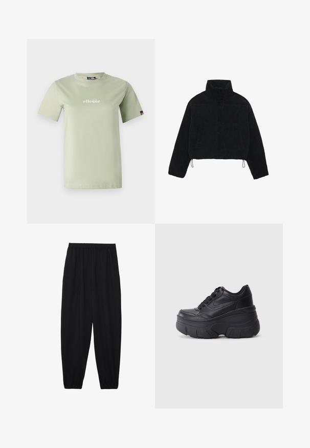 Black corduroy cropped jacket with a high collar, snap fasteners, and two side pockets. Features an adjustable drawstring at the hem.; Light green cotton t-shirt with short sleeves and a round neckline. Features a white logo on the front and a small colored tag on the sleeve.; Black, lightweight pants with an elastic waistband and gathered ankles. The fabric is smooth and features a relaxed, tapered design.; Black lace-up sneakers with a chunky sole, featuring smooth leather upper, rounded toe, and distinct layered platform design.