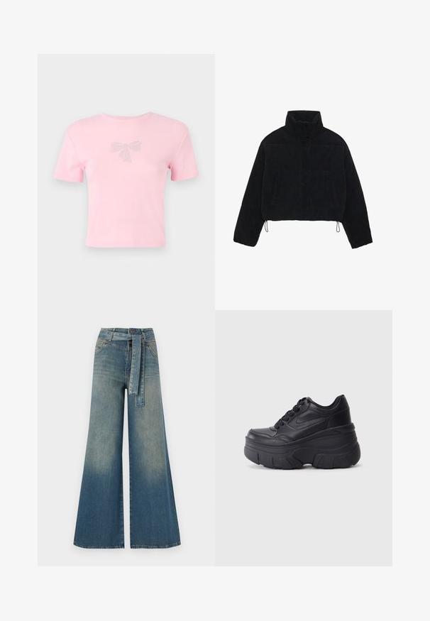 Černá kordurová zkrácená bunda s vysokým límcem, patentky a dvěma bočními kapsami. Obsahuje nastavitelnou šňůrku na lemu.; Růžové bavlněné tričko s krátkým rukávem s designem mašle zdobené krystalky na přední straně. Kulatý výstřih, volný střih.; Džínové kalhoty širokého střihu s přechodem od světlé k tmavě modré, vysokým pasem, poutky na opasek a odpovídajícím opaskem ze stejného materiálu. Texturovaná džínovina.; Černé šněrovací tenisky s robustní podrážkou, s hladkým koženým svrškem, zaoblenou špičkou a výrazným vrstveným designem platformy.