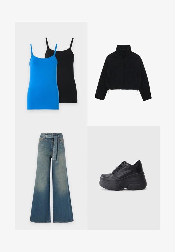 Jachetă scurtă din catifea neagră, cu guler înalt, capse și două buzunare laterale. Are un șnur ajustabil la tiv.; Tricouri fără mâneci din bumbac de culoare albastră și neagră. Ambele au bretele subțiri și un design ajustat. Tricoul albastru are o textură netedă, în timp ce tricoul negru este uniform.; Pantaloni din denim largi, cu un gradient de la albastru deschis la albastru închis, talie înaltă, bucle pentru curea și o curea din același material. Finisaj texturat din denim.; Adidași negri cu șireturi, cu un toc gros, având partea superioară din piele netedă, vârf rotund și un design distinct de platformă stratificată.