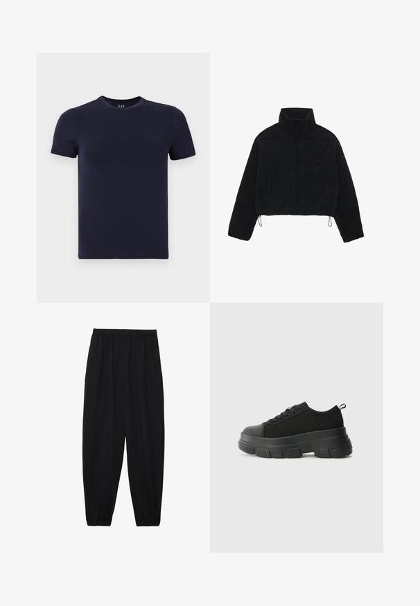 Sort fløjl cropped jakke med høj krave, trykknapper og to sidelommer. Har en justerbar snor i kanten.; Marineblå t-shirt med rund hals lavet af glat bomuldsstof, med korte ærmer og normal pasform. Enkel, sømløs design uden mønstre.; Sort, lette bukser med elastisk talje og sammenfoldede ankler. Stoffet er glat og har et afslappet, indsnævret design.; Sorte sneakers med en kraftig gummisål, tekstureret stofoverdel, rund tå og snørredesign. Har forstærkede snørrehuller og en trækkrog bagpå.