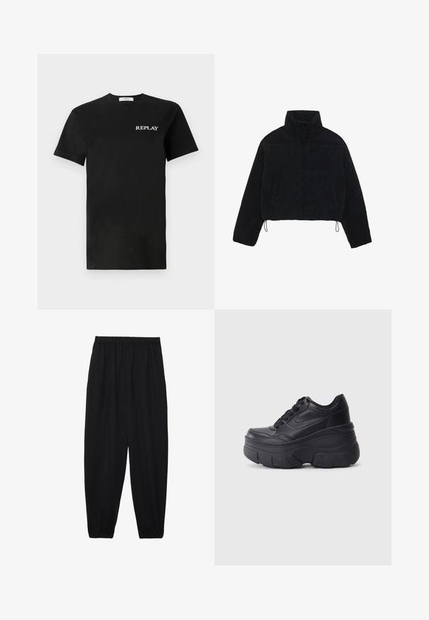 Mustmust kootud lühikeses jopes kõrge kaelusega, nupuvajutustega kinnitused ja kaks külgtaskut. Erakordne omadus on reguleeritav nöörike hemil.; Musthave mustvalge T-särk lühikeste varrukatega, millel on vasakul rinnal valge "REPLAY" logo. Klassikaline ümar kaelus.; Mustad, kerge kangas püksid elastse vöökoha ja kokku volditud pahkluudega. Kanga pind on sile ja disain on lõdvestunud, kitsenev.; Mustad mustaga värvi kingad, millel on paks tald, sile nahk peals, ümar nina ja eristuva kihilise platvormi disain.