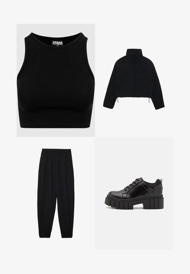 Czarna kurtka z kordurowego materiału o kroju cropped, z wysokim kołnierzem, zapięciami na napy i dwoma bocznymi kieszeniami. Posiada regulowany sznurek na dole.; Czarny prążkowany krótki top o okrągłym dekolcie i bezrękawowym fasonie. Wykonany z elastycznej, teksturowanej tkaniny. Metka z napisem "Urban Classics."; Czarne, lekkie spodnie z elastycznym pasem i ściągaczami na kostkach. Materiał jest gładki i ma luźny, zwężany krój.; Czarne skórzane buty na platformie z masywnym słupkowym obcasem, okrągłym noskiem i klasycznym sznurowaniem. Posiadają gładką teksturę i minimalne wykończenia.