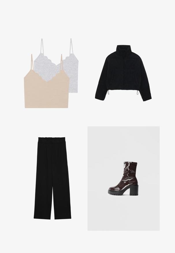 Jachetă scurtă din catifea neagră, cu guler înalt, capse și două buzunare laterale. Are un șnur ajustabil la tiv.; Două topuri tip camisole: unul bej și unul gri deschis. Fiecare are bretele subțiri și un decolteu cu margini ondulate, fiind realizate dintr-un material moale și elastic.; Pantaloni largi negri cu un tiv volant, cu două buzunare laterale și un material neted, ușor. Fără modele vizibile sau accesorii.; Botine lucioase burgundy, cu toc gros negru, având o textură netedă și un design simplu. Fără închideri sau modele vizibile.