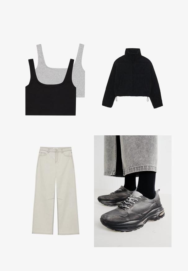 Sort fløjl cropped jakke med høj krave, trykknapper og to sidelommer. Har en justerbar snor i kanten.; To bomuldsblandede tanktoppe: en sort og en grå, begge med ribbet tekstur og brede stropper, med en rund halsudskæring og en behagelig pasform.; Lysegrå bredbenede bukser med fem lommer, frontknaplukning og kontrastsyninger langs sømmen. Stoffet ser blødt og slidstærkt ud.; Sorte og grå atletiske sko har en mesh-overdel, tykke såler og snørebånd. De har en afrundet tå og synligt dæmpningsdetalje.