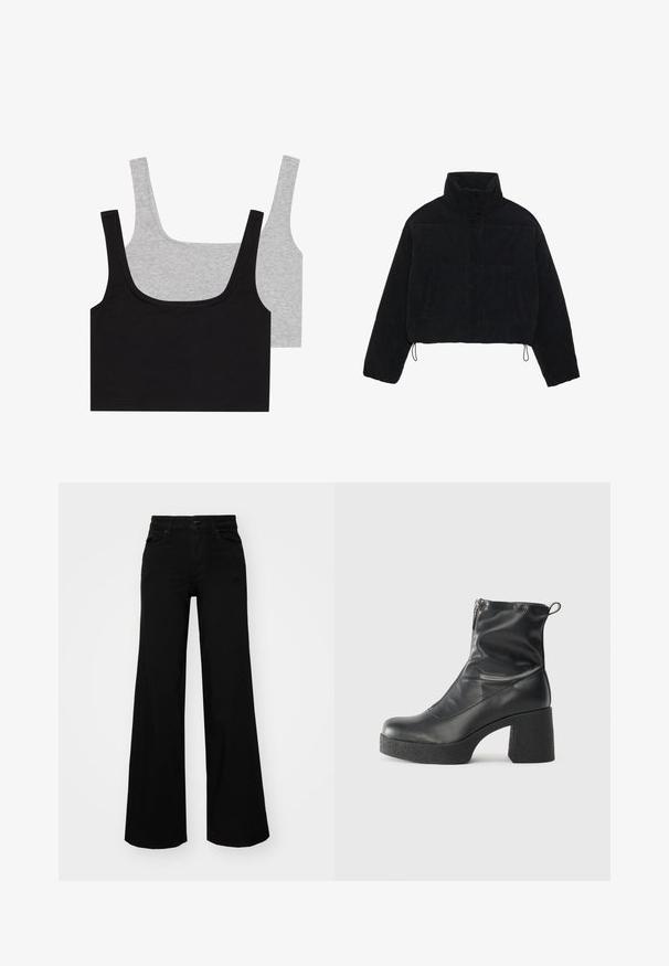 Juodas smailias trumpoji džinsinė striukė su aukštu apykakle, spaudėmis ir dviem šoninėmis kišenėmis. Yra reguliuojama virvutė prie hem.; Du paukščių mišinio marškiniai: vienas juodas ir vienas pilkas, abu su giliu raštu ir plačiomis petnešėlėmis, turintys apvalų iškirpimą ir patogią prigludimą.; Juodos plačios kelnės iš denimo, turinčios struktūruotą juosmenį, diržo kilpas ir priekines kišenes. Lygus paviršius su klasikinio dizaino elementais.; Juodos kulkšninių botai, pagaminti iš lygaus odos, su šoniniu užtrauktuku, masyviu tekstūruotu kulnu ir apvaliu pirštu.