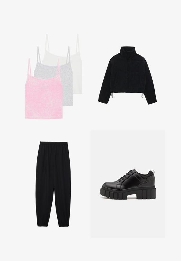 Casaco curto de veludo côr preto com colarinho alto, fechos de pressão e dois bolsos laterais. Apresenta um cordão ajustável na bainha.; Conjunto de três tops de alças em rosa, cinza e branco. Feitos de tecido canelado com alças finas. Cada top tem um decote redondo.; Calças pretas, leves, com um cinto elástico e punhos franzidos. O tecido é suave e apresenta um design relaxado e afunilado.; Sapatos de plataforma em couro preto com um salto bloco robusto, bico redondo e design clássico de atacadores. Apresentam uma textura suave e detalhes mínimos.