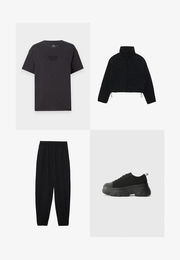 Černá kordurová zkrácená bunda s vysokým límcem, patentky a dvěma bočními kapsami. Obsahuje nastavitelnou šňůrku na lemu.; Černé bavlněné tričko s kulatým výstřihem, krátkými rukávy a jemně embosovaným logem "Ripcurl Surfing Company" na hrudi.; Černé, lehké kalhoty s elastickým pasem a nařasenými kotníky. Tkanina je hladká a má uvolněný, zúžený design.; Černé tenisky s robustní gumovou podrážkou, vrchní část z texturované tkaniny, kulatá špička a šněrovací design. Obsahují zesílené okraje pro tkaničky a poutko na zadní straně.