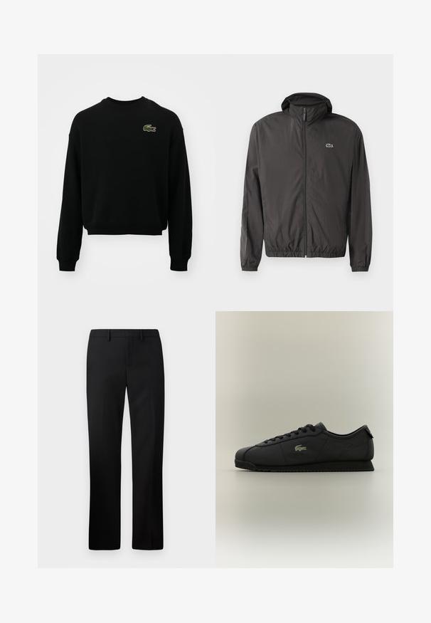 Černá lehká bunda s kapucí, elastickými manžetami a zipem vpředu. Obsahuje malou výšivku loga na levé hrudi. Hladká textura.; Černá zkrácená mikina vyrobená z bavlněné směsi, s dlouhými rukávy a vyšitým zeleným logem krokodýla na hrudi.; Černé kalhoty s rovnými nohavicemi, vyrobené z hladké látky. Mezi vlastnosti patří plochý přední díl a střední pas.; Černé nízké tenisky s šněrováním vpředu, texturovanou podrážkou a zlatým krokodýlím logem na boku.