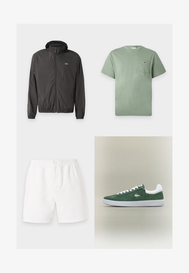 Svart, lett jakke med hette, elastiske mansjetter og glidelås foran. Har et lite brodert logo på venstre bryst. Glatt tekstur.; Lys grønn kortermet bomull T-skjorte med brystlomme og et lite brodert krokodillelogo.; Hvite, teksturerte shorts med elastisk liv og knappelukking. Har en løs passform og mid-lår lengde, egnet for uformell bruk.; Lavprofilert grønn semsket sneaker med hvite snøring, hvit såle, polstret hælkant og brodert krokodillelogo med "EST. 1933" tekst.