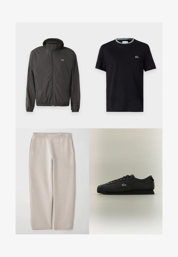 Black lightweight jacket with a hood, elastic cuffs, and a zip front. Features a small embroidered logo on the left chest. Smooth texture.; Black cotton t-shirt with a crew neck, featuring a white and green striped trim, and embroidered green crocodile logo on the left chest.; Beige sweatpants made of soft fabric, featuring a wide waistband, side pockets, and tapered legs for a relaxed fit.; Black low-top sneaker with lace-up front, textured sole, and gold crocodile logo on the side.