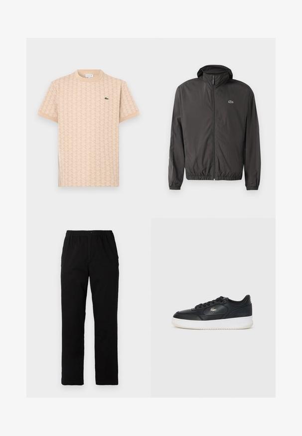 Melnā vieglā jaka ar kapuci, elastīgiem piedurkņu galiem un rāvējslēdzēja priekšpusi. Ar mazu izšūtu logotipu uz kreisās krūts. Gluda tekstūra.; Bēša īsroku T-krekls ar ģeometrisku rakstu un zaļu Lacoste krokodila logotipu uz kreisās krūšu puses.; Melnas bikses no kokvilnas maisījuma auduma, ar taisnu griezumu, elastīgu jostasvietu ar pogu un bez redzamām rakstu vai akcentiem.; Melnas ādas tenisa kurpes ar baltu zoli, ar noapaļotu purngalu, saista dizainu un nemanāmu logotipu sānos. Strukturēta virsma.