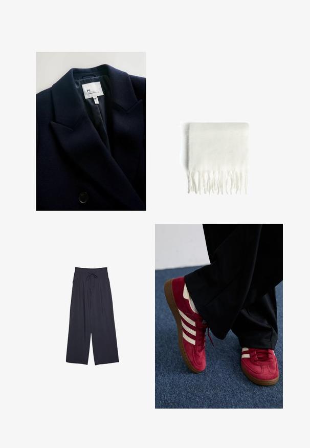 Donker marineblauwe blazer met een gestructureerde stof, scherpe revers en een dubbele knoopsluiting. De binnenkant heeft een gladde voering en een merkembleem.; Marineblauw top met lange mouwen, bootnek en ruches aan de zijkant, plat gelegd op een witte achtergrond.; Wijde broek in donker marineblauw, met een gestructureerde stof, een trekkoord in de taille en een losse pasvorm voor comfort.; Rode suède sneaker met witte strepen, vetersluiting en een gestructureerde bruine rubberen zool. Gecombineerd met zwarte broek, tegen een blauwe vloerbedekking.; Witte fleece sjaal met franjes aan de randen, zachte textuur en rechthoekige vorm. Geschikt voor lagen en biedt warmte.