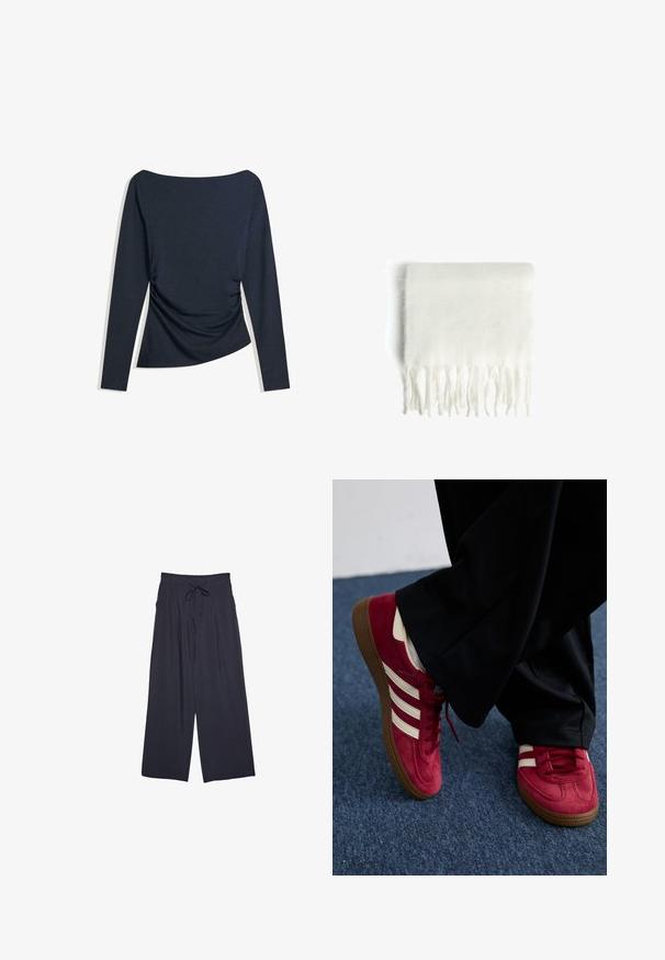 Mörk marinblå blazer i texturerat tyg med skarpa slag och dubbelknäppning. Invändigt har den en mjuk foder och varumärkesetikett.; Mörkblå långärmad topp med båtringning och rynkdetalj på sidan, liggande plant på en vit bakgrund.; Breda byxor i mörk marinblå färg, med en texturerad tyg, dragsko i midjan och en löst sittande silhuett för komfort.; Röda mockasko med vita ränder, snörningsdesign och en strukturerad brun gummisula. Bärs med svarta byxor, mot en blå matta.; Vitt fleecehalsduk med fransade kanter, mjuk textur och rektangulär form. Lämplig för lager-på-lager och för att ge värme.