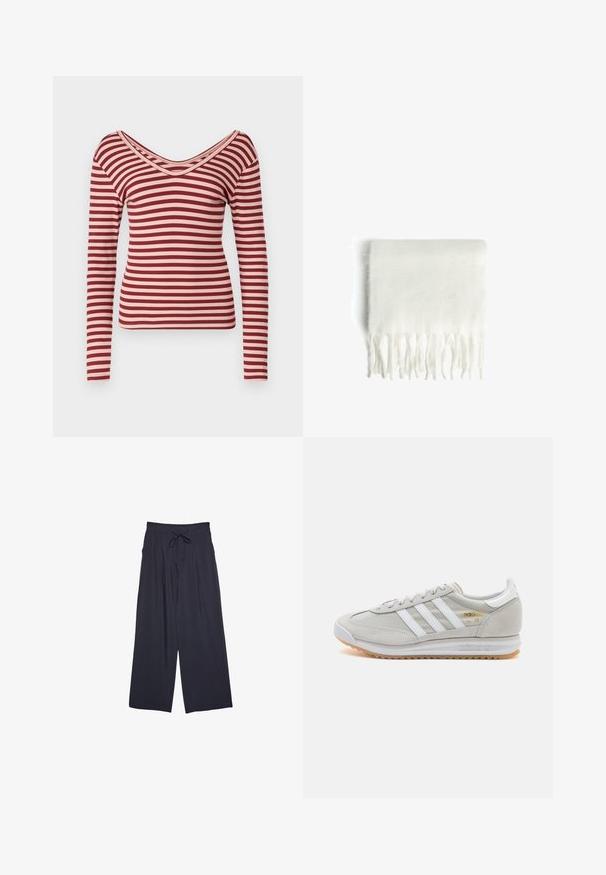 Blazer blu scuro con un tessuto strutturato, revers affilati e chiusura a doppio bottone. L'interno presenta una fodera liscia e l'etichetta del marchio.; Maglietta a maniche lunghe a strisce rosse e rosa pallido, con scollatura a V profonda, texture a costine e design aderente.; Pantaloni a gamba larga in blu navy scuro, con tessuto testurizzato, vita regolabile con cordoncino e silhouette ampia per il massimo comfort.; Sneaker grigio chiaro realizzato in suede e rete, con tre strisce bianche, punta arrotondata e suola in gomma color caramello. Accento del logo dorato vicino ai lacci.; Sciarpa in pile bianco con bordi frangiati, texture morbida e forma rettangolare. Adatta per essere indossata a strati e per fornire calore.