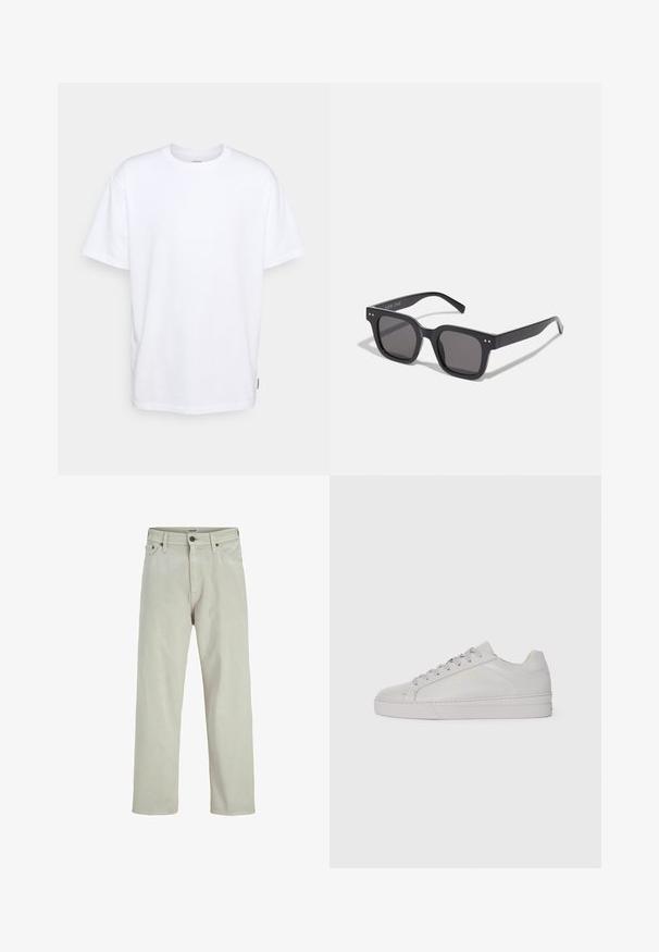 Brązowa skórzana kurtka bombowa z zapięciem na zamek, prążkowanym kołnierzem i mankietami, dwoma przednimi kieszeniami oraz teksturowanym wykończeniem.; Brązowy sweter robiony na drutach z dekoltem w serek, ściągaczami przy mankietach i hemie oraz pięcioma dużymi guzikami z przodu. Miękka textura i luźny krój.; Biała bawełniana koszulka z krótkim rękawem, okrągłym dekoltem i luźnym krojem. Posiada małą metkę marki z boku. Gładka tekstura.; Jasnobeżowe dżinsy w stylu prostym, o pięciu kieszeniach i guzikowym zapięciu w pasie, z minimalną liczbą detali szwów.; Jasnoszare skórzane trampki o gładkiej fakturze, zaokrąglonym nosku, płaskiej gumowej podeszwie i tonowanych sznurowadłach. Posiadają minimalistyczne logo w złotym kolorze.; Czarne prostokątne okulary przeciwsłoneczne z ciemnymi soczewkami, charakteryzujące się grubą oprawką, subtelnymi akcentami po bokach i brakiem widocznych logo poza nazwą marki.; Oliwowa torba na ramię z dwoma długimi uchwytami, z wyróżniającym się czarnym napisem "ALLSAINTS" i "LONDON" w minimalistycznym stylu.