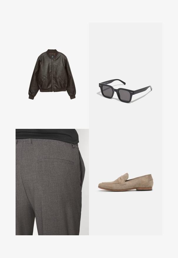 Brun läderbomberjacka med dragkedja, ribbad krage och ärmslut, två framfickor och en strukturerad yta.; Krämfärgad tröja med krage, fyrknappsstängning, breda ribbade manschetter och fåll. Mjukt material, avslappnad passform och minimalistisk design.; Grå skräddarsydda byxor med en jämn yta, med en bakficka och en smal passform. Tyget har ett subtilt mönster.; Beige mockasiner i mocka med minimal sömnad, platt häl och lädersula. Har en enkel rem accent nära framfoten. Platt siluett.; Svarta rektangulära solglasögon med mörka linser, med en tjock ram, diskreta detaljer på sidorna och inga synliga logotyper förutom varumärket.; Bomullstygväska i krämfärg med en stor teal-färgad logotyp med böjda linjer. Väskan har hållbara tyghandtag för enkel bärning.