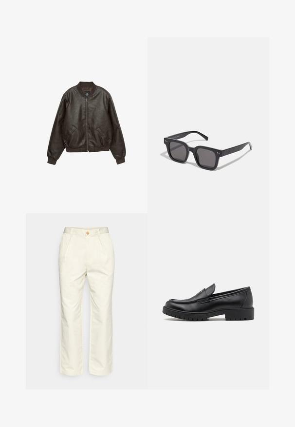 Bruine leren bomberjack met een ritsluiting, ribbelkraag en -manchetten, twee voorzakken en een gestructureerde afwerking.; Crème-kleurige pullover met een kraaghals, vierknops sluiting, brede geribde manchetten en zoom. Zachte textuur, ontspannen pasvorm en minimalistisch ontwerp.; Witte katoenen broeken met een relaxte pasvorm, voorzien van voorplooien en een knoopsluiting. De stof heeft een gladde textuur.; Zwarte leren instappers met een ronde neus, slip-on ontwerp en dikke rubberen zool met een gestructureerde grip. Verhoogde hak en subtiele stikdetails.; Zwarte rechthoekige zonnebril met donkere lenzen, voorzien van een dik montuur, subtiele accenten aan de zijkanten en zonder zichtbare logo's behalve de merknaam.