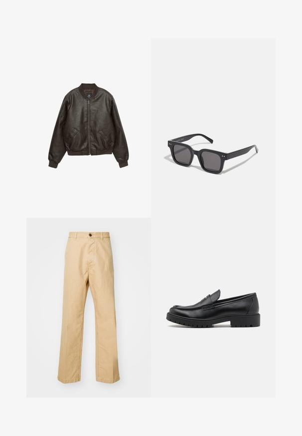 Hnedá kožená bombrová bunda so zipsom, rebrovaným golierom a manžetami, dvoma prednými vreckami a textúrovaným povrchom.; Pulóver v krémovej farbe s golierom, štyrmi gombíkmi, širokými rebrovanými manžetami a lemom. Mäkká textúra, voľný strih a minimálny dizajn.; Khaki chinos so širokú nohu, vyrobené z bavlnenej látky, s predným zapínaním na gombík a pútkami na opasok. Hladká textúra, bez vzoru.; Čierne kožené mokasíny s okrúhlou špičkou, s designom na obúvanie a hrubou gumovou podrážkou s textúrovanou protišmykovou úpravou. Vyvýšený opatok a jemné prešívanie.; Čierne obdĺžnikové slnečné okuliare s tmavými sklami, s hrubým rámom, jemnými akcentmi na stranách a bez viditeľných log, okrem názvu značky.; Krémová bavlnená taška s veľkým teal logom z zakrivených čiar. Taška má pevné textilné rukoväte na nosenie.