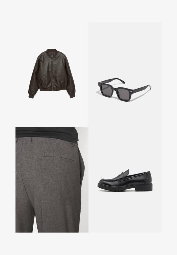 Rjava usnjena bomberska jakna z zadrgo, rebrastim ovratnikom in zapestji, dvema sprednjima žepoma ter teksturirano površino.; Pulover kremne barve z ovratnikom, zapiranjem na štiri gumbe, širokimi rebrastimi manšetami in robom. Mehka tekstura, sproščen kroj in minimalističen dizajn.; Sive tailored hlače z gladko teksturo, ki vsebujejo eno zadnjo žep in obliko v slim fit. Tkanina ima subtilen vzorec.; Črne usnjene loafers čevlje z zaobljenim nosom, brez zadrge, s debelim gumijastim podplatom, ki ima teksturirano površino za dober oprijem. Dviganje pete ter diskretni šivi.; Črne pravokotne sončne očala s temnimi lečami, ki imajo debel okvir, subtilne poudarke na straneh in nobenih vidnih logotipov razen imena blagovne znamke.; Kanvasna torba v kremni barvi z velikim teal logotipom s ukrivljenimi črtami. Torba ima močne tekstilne ročaje za nošenje.