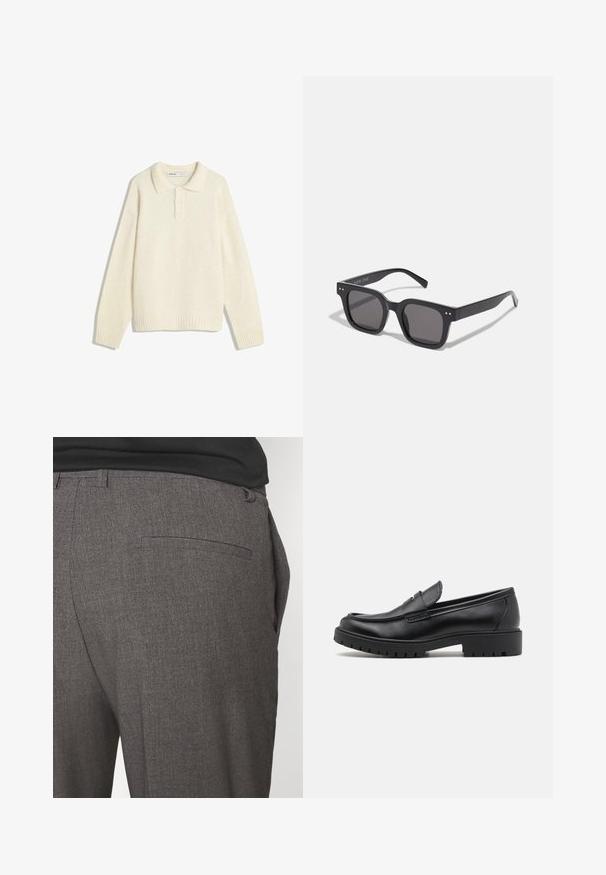 Giubbotto bomber in pelle marrone con chiusura a zip, colletto e polsini a costine, due tasche frontali e finitura testurizzata.; Maglione color crema con collo a camicia, chiusura a quattro bottoni, ampi polsini a coste e orlo. Texture morbida, vestibilità rilassata e design minimale.; Pantaloni grigi su misura con una texture liscia, dotati di una sola tasca posteriore e un design slim fit. Il tessuto presenta un motivo sottile.; Mocassini in pelle nera con punta arrotondata, design senza lacci e suola in gomma spessa con battistrada testurizzato. Tacco elevato e dettagli di cucitura discreti.; Occhiali da sole neri rettangolari con lenti scure, dotati di una montatura spessa, accenti sottili sui lati e senza loghi visibili oltre al nome del marchio.; Borsa in cotone color crema con un grande logo turchese caratterizzato da linee curve. La borsa ha manici in tessuto robusto per il trasporto.