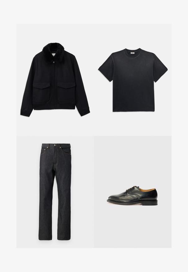 Černá bomber bunda s měkkým límcem z umělé kožešiny, předním zipem a dvěma velkými náprsními kapsami. Hladký lem a manžety dotvářejí design.; Černé bavlněné tričko s kulatým výstřihem a krátkým rukávem. Má uvolněný střih, hladkou strukturu a minimalistický design.; Tmavě modré džíny z denimu se střihy rovného nohavice. Obsahují pět kapes, oranžové prošívání a zapínání na knoflík v pase.; Černé kožené společenské boty s hladkým povrchem, kulatou špičkou a minimálním šněrováním. Mají decentní design a nízkou, pevnou gumovou podrážku.